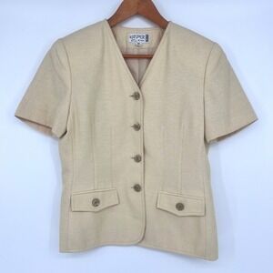 Vintage Kasper ASL Blazer‎ Womens 10P Cream Short Sleeve Button Business Office